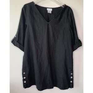 Soft Surroundings Black 100% Linen Tunic Top Roll Tab Sleeves